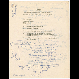 Agenda for community organization steering group meeting held March 29, 1961, with notes