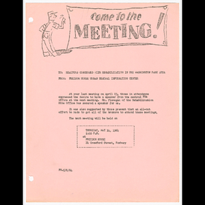 Memorandum from Freedom House Urban Renewal Information Center to realtors concerned with rehabilitation in the Washington Park area about meeting on May 14, 1964