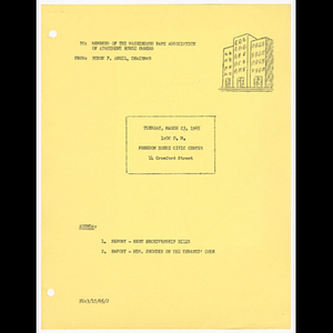Memorandum from Byron F. Angel, Chairman to members of the Washington Park Association of Apartment House Owners about meeting on March 23, 1965 and meeting agenda