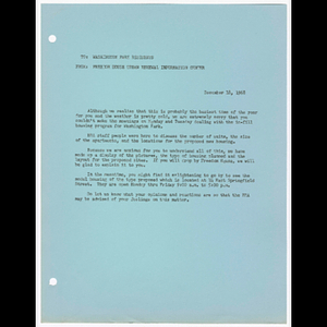 Memorandum from Freedom House Urban Renewal Information Center to Washington Park residents who missed in-fill housing program meetings about new housing program