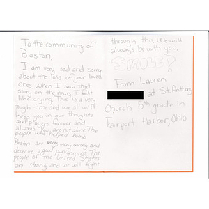 "Stay Strong Boston" letter of condolence from an Ohio student