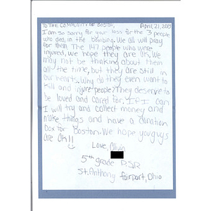 "We will care for you" letter of condolence from an Ohio student