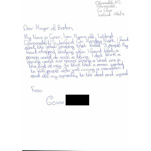 Handwritten Letter of Sympathy to the City of Boston from a 6th Grade Student at Clarecastle National School, Ireland.