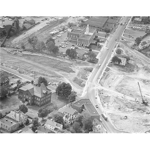 Western suburb or South road construction, public building, upper center, white cupola, school, left, unidentified