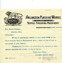 Arlington Machine Works receipt letter to customer