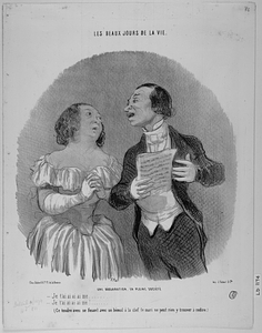 Une DÉCLARATION, EN PLEINE SOCIÉTÉ. - Je t'ai ai ai me....... - Je t'ai ai ai ai me!...... (Ce tendre aveu se fesant avec un bémol à la clef, le mari ne peut rien y trouver à redire).