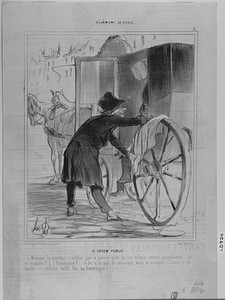 Le GROOM PUBLIC. Madame la comtesse, n'oubliez pas le garçon, père de six enfants, ancien propriétaire.... où va madame? à l'Assomption?.... - Je n'ai pas de monnaie, vous m'ennuyez! - Tiens c'te lorette .... allons cadet, file au bastringue!