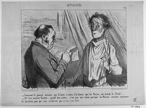 - Comment! le journal annonce que le bruit a couru à la bourse que les Russes on franchi le Pruth!... - Eh! bien, mossieu Panotet... quand bien même... c'est pas une raison parce que les Russes auraient commencé les hostilités pour que vous n'acheviez pas de faire votre barbe.