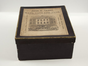 Box for beaver fur stole, John R. Terry, importer, manufacturer, and dealer in hats, caps and furs, 409 Broadway and 19 Union Square, New York, New York, undated