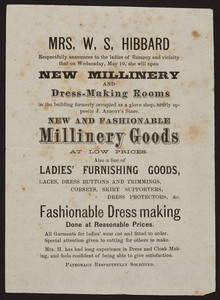 Handbill for Mrs. W.S. Hibbard, new millinery and dress making rooms, Rumney, New Hampshire, undated