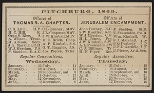 Card for the Fitchburg chapter, encampment, lodges, Fitchburg, Mass., 1869