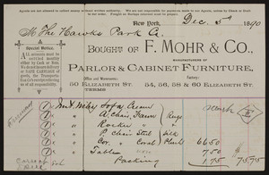 Billhead for F. Mohr & Co., manufacturers of parlor & cabinet furniture, 50 Elizabeth Street, New York, New York, dated December 5, 1890