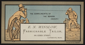 Trade card for E.N. Winslow, fashionable tailor, 505 Essex Street, Lawrence, Mass., 1877