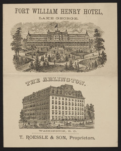 Brochure for the Fort William Henry Hotel, Lake George, New York, The Arlington, Washington, D.C., T. Roessle & Son, proprietors, Washington D.C., undated
