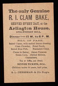 Trade card, the only genuine R.I. clam bake, served every day, at the Arlington House, Strawberry Hill, Bethlehem, New Hampshire