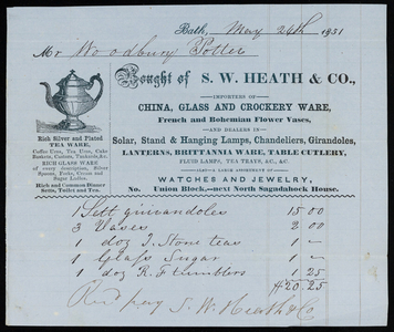 Billhead for S.W. Heath & Co., importers of china, glass and crockery ware, Union Block, Bath, Maine, dated May 24, 1851