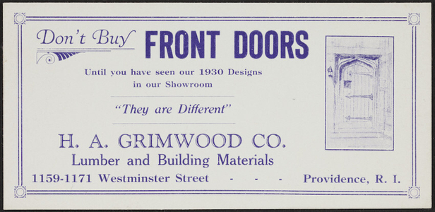 Trade card for H.A. Grimwood Co., lumber and building materials, 1159-1171 Westminster Street, Providence, Rhode Island, 1930