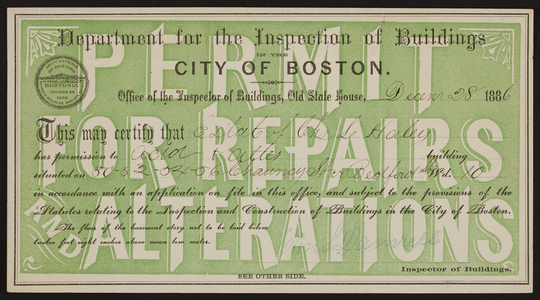 Building permit from the Department for the Inspection of Buildings, City of Boston, Boston, Mass., dated December 28, 1886