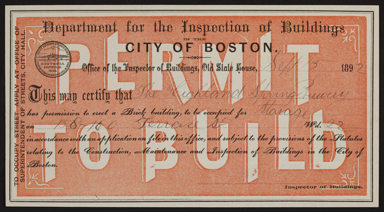 Building permit from the Department for the Inspection of Buildings, City of Boston, Boston, Mass., dated September 5, 1892