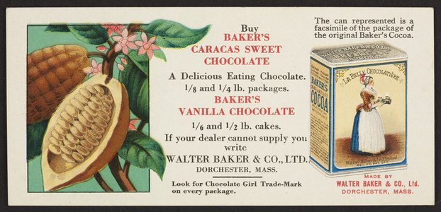 Trade card for Baker's Caracas Sweet Chocolate and Baker's Vanilla Chocolate, Walter Baker & Co., Ltd., Dorchester, Mass., undated