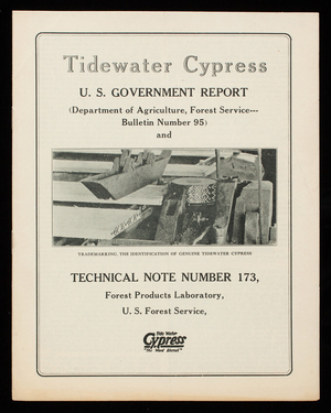 Tidewater Cypress, U.S. government report, Department of Agriculture, Forest Service, bulletin number 95 and technical note number 173, Forest Products Laboratory, U.S. Forest Service, Washington, D.C.; Southern Cypress Manufacturers' Association, Poydras Building, New Orleans, Louisiana; Graham Building, Jacksonville, Florida