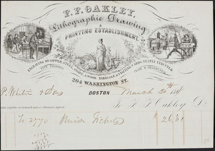 Billhead, F.F. Oakley, lithographic drawing & printing establishment, 204 Washington Street, Boston, Mass., dated March 30, 186-
