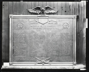 Memorial plaque, American Glue Co., 121 Beverly Street, Boston, Mass.