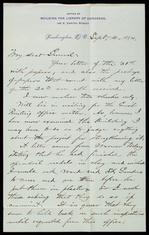 Bernard R. Green to Thomas Lincoln Casey, September 4, 1894