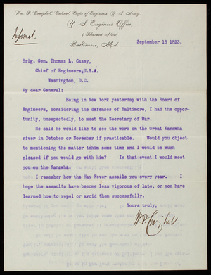 William P. Craighill to Thomas Lincoln Casey, September 13, 1893