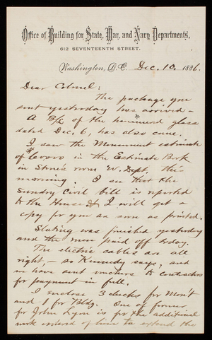 Bernard R. Green to Thomas Lincoln Casey, December 10, 1886