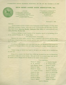 Letter from the Bryn Mawr Horse Show Association to Benjamin Smith Lyman