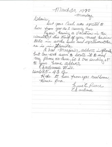 Letter from Charleane Hill to Gloria Xifaras Clark