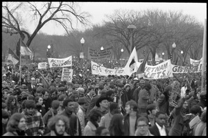 Crowd of marchers in the streets at the Counter-inaugural demonstrations, 1969, with banners for veterans' anti-war groups, North Vietnamese flags