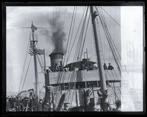 Woodrow Wilson's return from the Paris Peace Conference: Wilson on deck of the Coast Guard cutter Ossipee, approaching Commonwealth Pier in South Boston