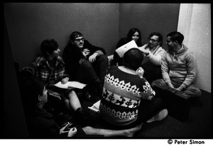 Protesters sitting in a circle during the occupation of the University Placement Office, Boston University, opposing on-campus recruiting by Dow Chemical Co.