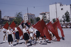 Three tiers of flags at Tito's birthday celebration in Skopje
