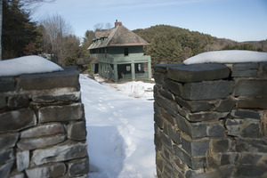 Winter view past a stone wall of Naulakha, Rudyard Kipling's home from 1893-1896