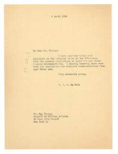 Letter from W. E. B. Du Bois to Council on African Affairs