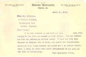 Letter from W. E. B. Du Bois to Miss Ira Aldridge