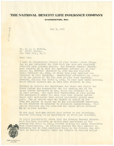 Letter from National Benefit Life Insurance Company to W. E. B. Du Bois