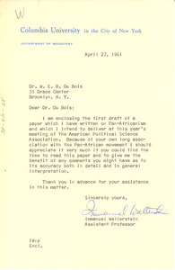 Letter from Immanuel Wallerstein to W. E. B. Du Bois