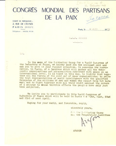 Letter from World Peace Congress to W. E. B. Du Bois