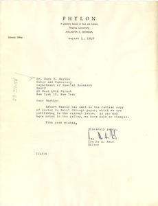 Letter from Phylon to Hugh H. Smythe
