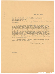 Letter from W. E. B. Du Bois to The Great Atlantic and Pacific Tea Company
