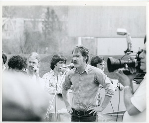 Board of Trustees fee increase demonstration: Economics professor Samuel Bowles speaking to protesters