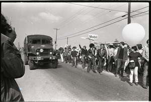 Antiwar demonstration at Fort Dix, N.J.: Arrival of army trucks