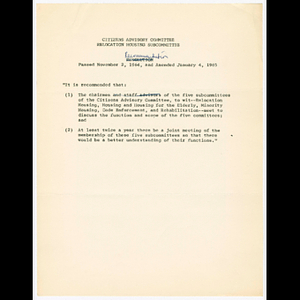 Citizens Advisory Committee Relocation Housing Subcommittee recommendation passed on November 2, 1964 and amended January 4, 1965