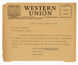 Telegram from Robert Morss Lovett to Owen R. Lovejoy, August 15, 1927