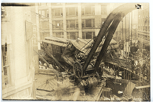 Beach Street Station accident, view from tracks of cars and crane