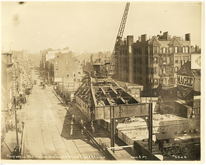 Progress on steel erection, Washington Street over B and A railroad bridge